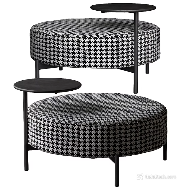 Round design ottoman with black and white houndstooth pattern and small round table 3d model