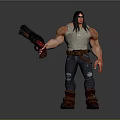 Long Black Haired Muscular Character Holding Large Gun In White Tank Top And Ripped Jeans