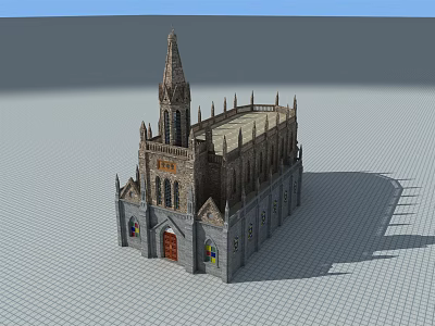 Traditional Religious Church Architecture Featuring Stone Spire Stained Glass Windows And Red Door 3d model
