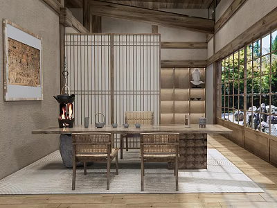 Traditional Japanese Tea Room Interior With Wooden Table Chairs Shoji Screen And Natural Light 3d model