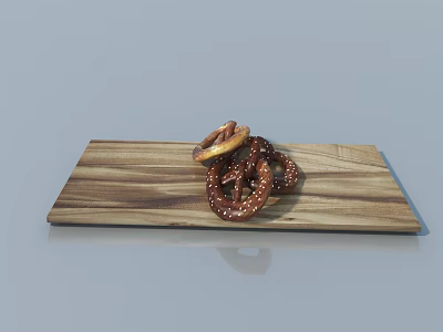 Minimalist Dining Table Featuring Fresh Pretzels on Wooden Tray Against Gray Background 3d model