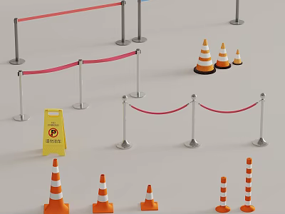 Railings Featuring Red Ropes Silver Poles Orange Traffic Cones And Yellow No Parking Sign 3d model
