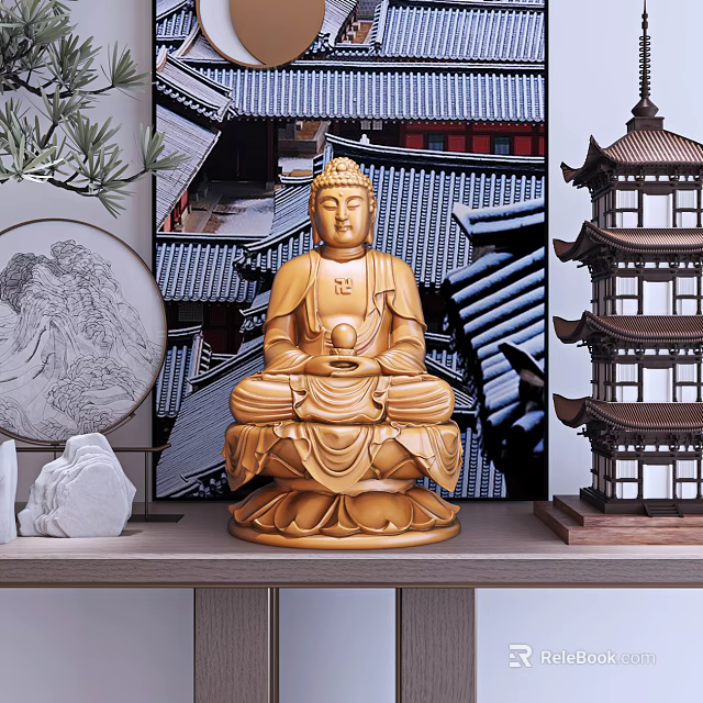 Traditional Wooden Buddha Sculpture Carved with Intricate Details Against Ancient Architecture and Bamboo Elements 3d model 