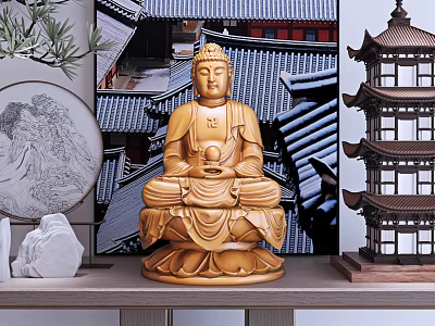 Traditional Wooden Buddha Sculpture Carved with Intricate Details Against Ancient Architecture and Bamboo Elements 3d model