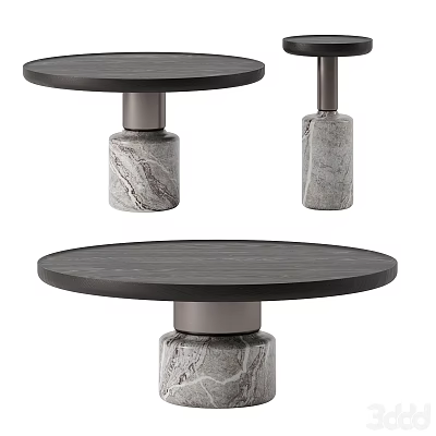 Modern Coffee Table Featuring Black Round Tabletop and Marble Pattern Pedestal Design 3d model