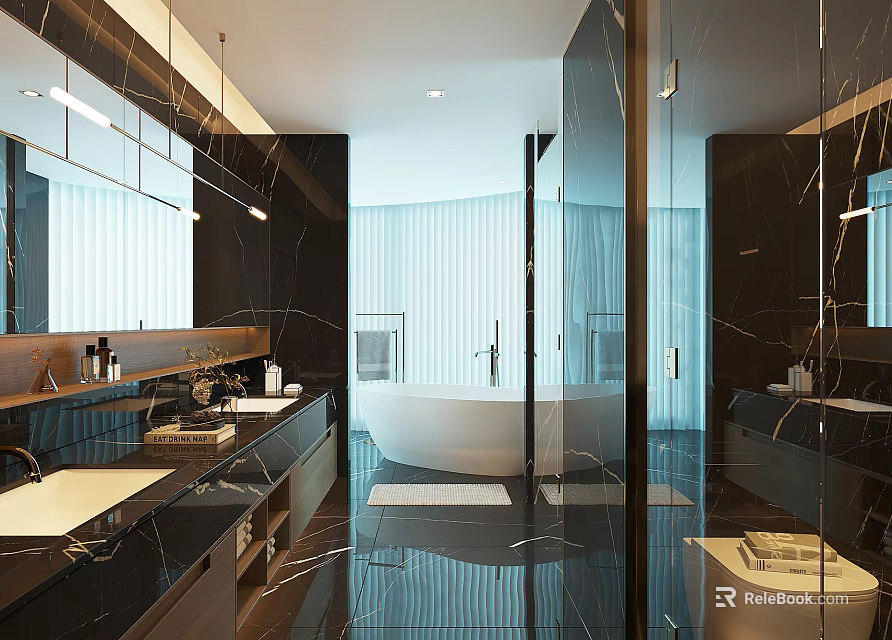 Modern Bathroom Interior With Marble Vanity Freestanding Bathtub And Hanging Mirrors 3d model 