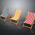 Three Striped Beach Chairs with Wooden Frame and Blue Yellow Red Patterns