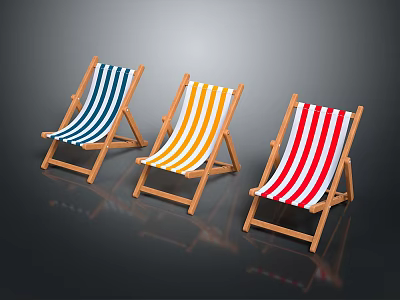 Three Striped Beach Chairs with Wooden Frame and Blue Yellow Red Patterns 3d model