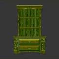Elegant Green Wooden Cabinet with Drawers and Open Shelves Decorative Details
