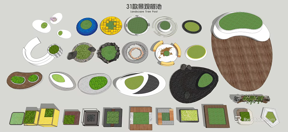 3D Landscape Tree Pit Designs With Various Shapes Materials And Greenery 3d model