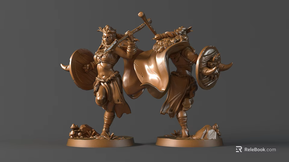 Detailed Mythical Warrior Bronze Sculptures With Shield Spear Cloak And Intricate Base 3d model 