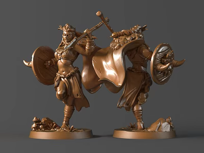 Detailed Mythical Warrior Bronze Sculptures With Shield Spear Cloak And Intricate Base 3d model
