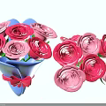 Beautiful Pink And Red Roses Bouquet With Blue Wrapping Pink Bow And Loose Blooms