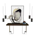 Modern Console Table With Artwork Hanging Pendant Lights And Decorative Plant 3d model