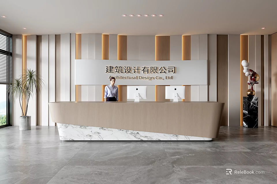 Modern Front Desk Reception Area With Receptionist Marble Countertop And Wooden Panel Wall 3d model 