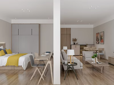 Modern Hotel Guest Room Interior With Bedroom Living Area Bed Sofa Wardrobe And Decorative Painting 3d model
