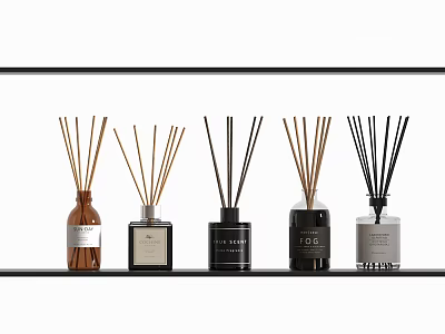 Assorted Scented Fragrance Diffuser Bottles with Reed Sticks Displayed on Shelf 3d model