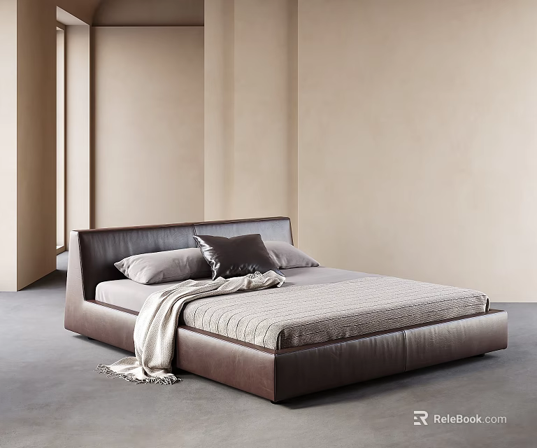 Modern Double Bed With Dark Brown Leather Headboard Gray Bed Sheet And Light Blanket In Minimalist Room 3d model 