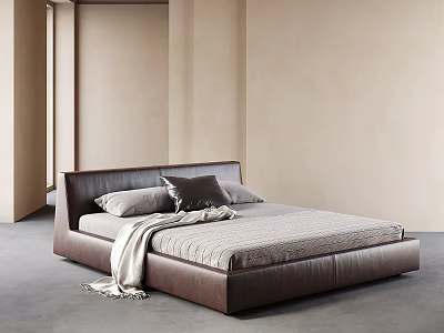 Modern Double Bed With Dark Brown Leather Headboard Gray Bed Sheet And Light Blanket In Minimalist Room 3d model