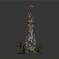 Ornate Multi Layered Tower Building With Red Flag And Palm Trees At Base