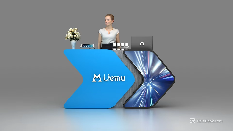 Modern Blue Reception Desk with Menu Logo Flower Vase and Receptionist 3d model 