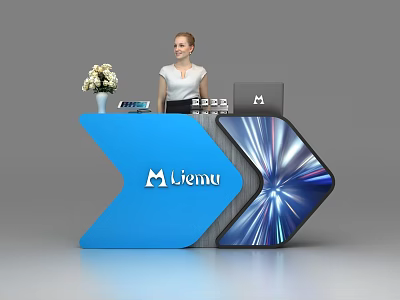 Modern Blue Reception Desk with Menu Logo Flower Vase and Receptionist 3d model