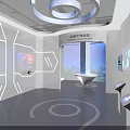 Modern VR Exhibition Hall Featuring Interactive Displays Digital Screens Blue Lighting And White Lines