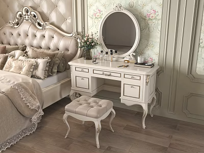 Elegant White Dressing Table With Oval Mirror Matching Stool And Floral Wallpaper In Bedroom 3d model