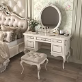 Elegant White Dressing Table With Oval Mirror Matching Stool And Floral Wallpaper In Bedroom