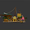 Cartoon Pirate Ship Scene With Beach Palm Trees Pink Octopus Barrels And Blue Water Waves
