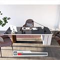 Modern Work Desk With Laptop Lamp Documents Two Chairs Potted Plant Rug Wooden Floor