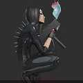 Woman In Black Spiked Outfit Crouching Holding Weapon And Blue Pink Object