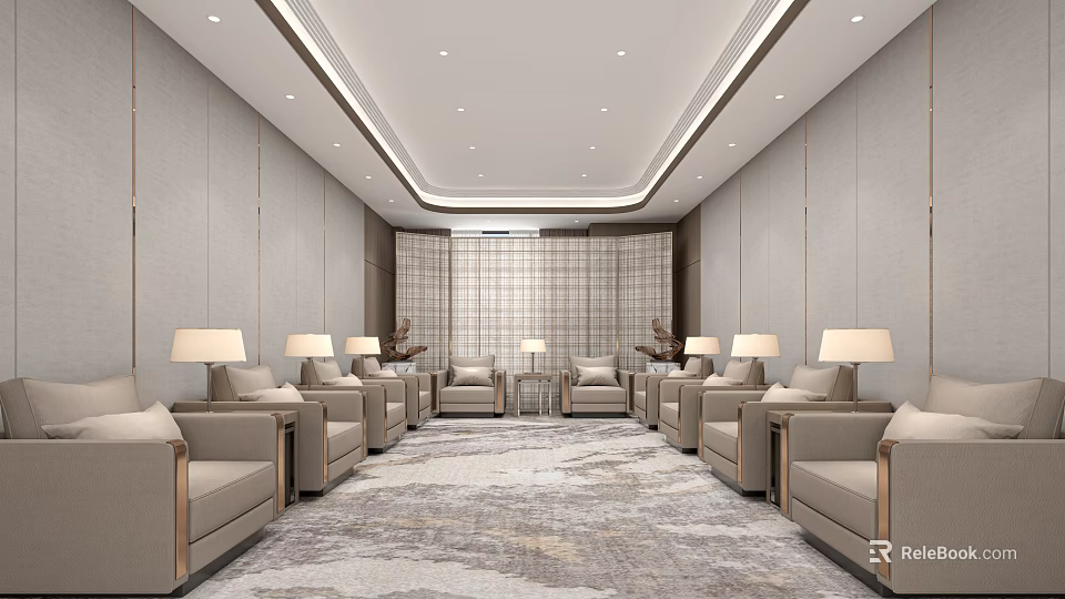 Elegant Modern Hotel Public Lounge Area Interior With Comfortable Sofas Floor Lamps And Decorative Plants 3d model 