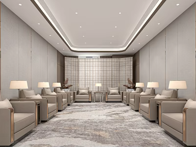 Elegant Modern Hotel Public Lounge Area Interior With Comfortable Sofas Floor Lamps And Decorative Plants 3d model