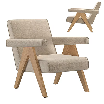 Modern Minimalist Accent Chair With Beige Fabric Upholstery And Wooden Cross Legs 3d model