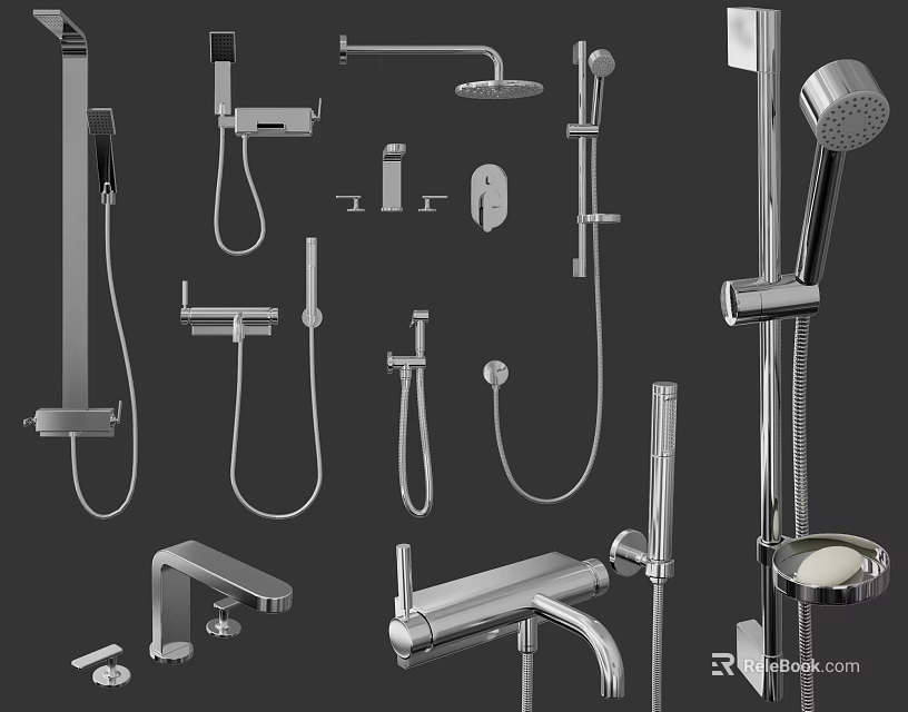 Various Modern Chrome Showerhead Components Including Handheld Overhead Faucet And Hose 3d model
