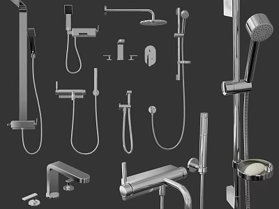 Various Modern Chrome Showerhead Components Including Handheld Overhead Faucet And Hose 3d model