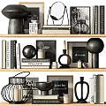 Decorative Ornament Collection With Sculptures Books Frames On Wooden Shelves
