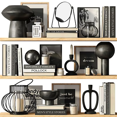 Decorative Ornament Collection With Sculptures Books Frames On Wooden Shelves 3d model