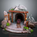 Natural Rocky Cave Entrance With Wooden Archway Lanterns Rail Tracks Mine Cart And Green Plants