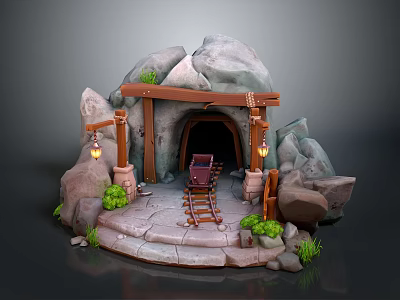 Natural Rocky Cave Entrance With Wooden Archway Lanterns Rail Tracks Mine Cart And Green Plants 3d model