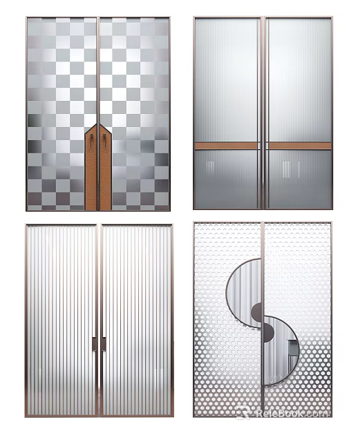 Various Modern Sliding Door Designs With Wooden Handles Frosted Glass Vertical Stripes And Spiral Patterns 3d model 
