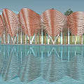Modern Building With Wavy Facade And Water Reflection 3d model