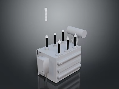Industrial Electrical Transformer With Black Insulator Columns White Casing And Cylindrical Radiator 3d model