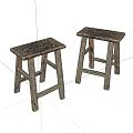 Two Wooden Stools With Distressed Surface Simple Design And Sturdy Frame 3d model