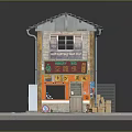 Cartoon Scenery Featuring Vintage Shop Red Sign Orange Walls Gray Tile Roof And Cardboard Boxes