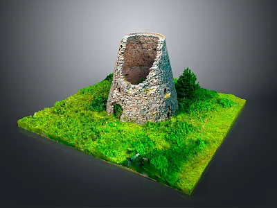 Scenic Miniature Landscape Featuring Ancient Stone Tower Surrounded by Lush Green Grass and Small Trees 3d model