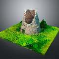 Scenic Miniature Landscape Featuring Ancient Stone Tower Surrounded by Lush Green Grass and Small Trees