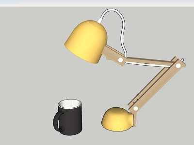 Stylish Table Lamp with Yellow Lampshade and Wooden Arm Alongside Black Mug 3d model
