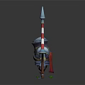 3D Rendered Armored Character Standing With Metallic Armor Striped Spear And Small Plants